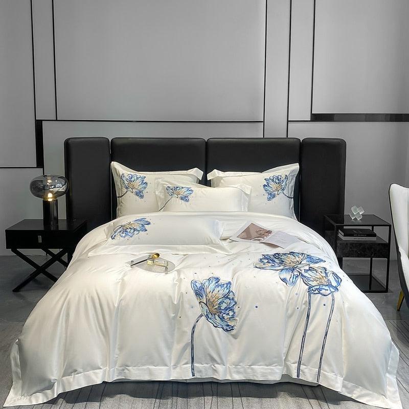 Conjunto de Roupas de Cama Flor de Lótus em 100% Algodão Egípcio 4 Peças