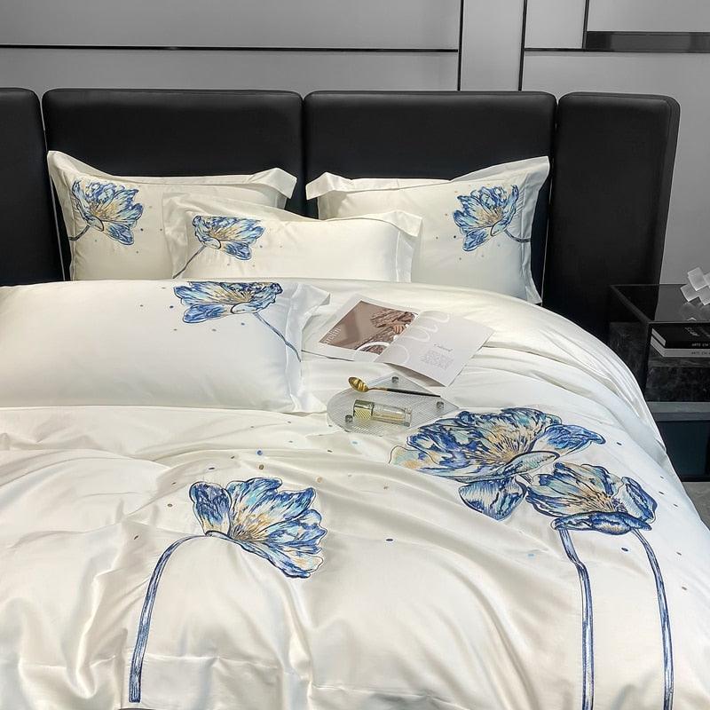 Conjunto de Roupas de Cama Flor de Lótus em 100% Algodão Egípcio 4 Peças